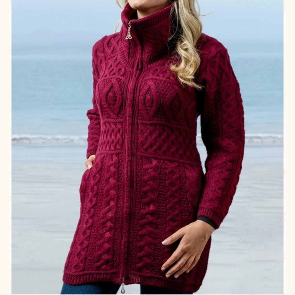 Aran Sweater Market Double Collar Irish Merino Wool Aran Coat Cardigan Women's L
